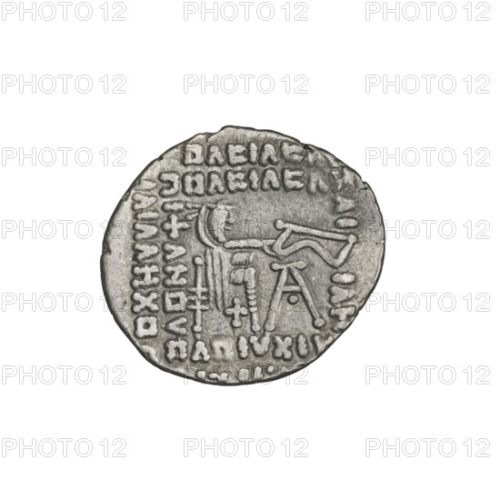drachma, Vardanes II (55–58), heads, diadems, busts, Arsakes I (King of Parthians; ca. 247–217 BC) - iconography, bows (armed), stars, Parthian Kingdom, Iran. Obv.: head of Vardanes II wearing tiara and diadem in frontal view, two stars above the king's head. Rev.: Arsakes sitting on a throne, holding a bow in his hand, monogram below the bow. 55–58, Parthia, Ecbatana, Iran. Coin; diameter 18.0 × 20.0 mm, weight 3.57 g.