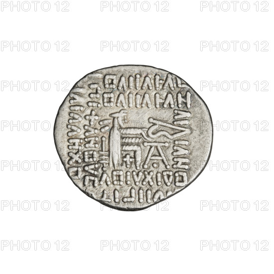 Drachma, Vologases II (77–80). Obverse: head of Vologases II turned left, wearing a tiara decorated with seven bosses. Reverse: Arsakes seated on a throne turned right, holding a bow; monogram below the bow. Parthian Kingdom (Parthia), Iran. Coin, diameter 19.0–20.0 mm, weight 3.75 g.