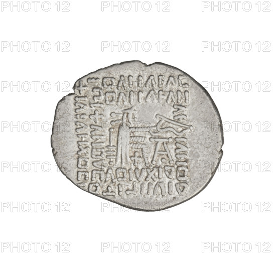 Drachma, Vologases II (77–80). Obverse: bust of Vologases II wearing a diadem, king facing left. Reverse: Arsakes I seated on a throne facing right, holding a bow; monogram below the bow. Parthian Kingdom, Iran; ca. 77–80. Coin (mint), diameter 19.5 × 22.0 mm, weight 3.75 g.