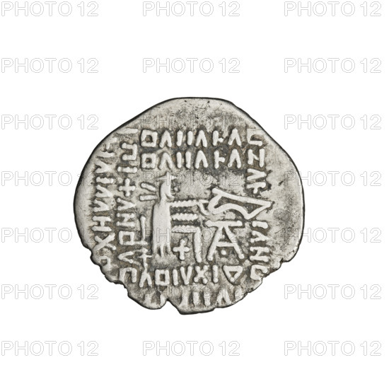 drachma, Vologases II (77–80) — Obv.: bust of Vologases II wearing a diadem and a tiara decorated with insets, the king turned to the left. Rev.: Arsakes seated on a throne, turned to the right, holding a bow in his hands, monogram below the bow. Subjects: bows (arms), heads, busts, diadems, Arsakes I (King of Parthians; ca. 247–217 BCE) — iconography. Parthian Kingdom, Parthia (Iran). Date: 77–80. Coin; diameter 20.0 mm; weight 3.52 g.