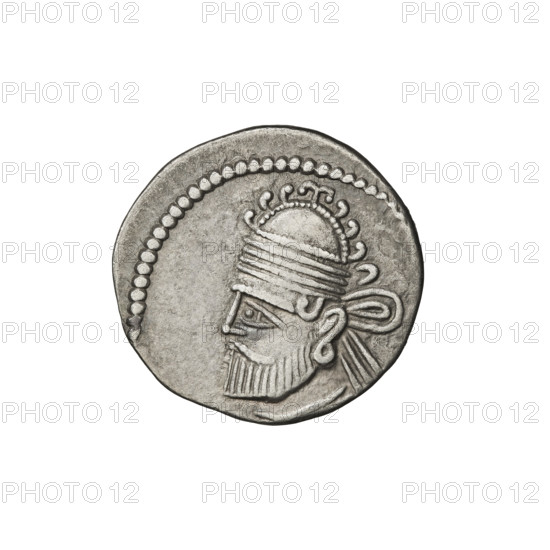 drachma, Vologases II (77–80), diadems, bows (armed), heads, busts, Arsakes I (King of Parthians; ca. 247–217 BCE) - iconography, Parthian Kingdom, Iran. Obv.: bust of Vologases II wearing a diadem and a tiara topped with seven protrusions, the king turned to the left. Rev.: Arsakes seated on a throne, turned to the right, holding a bow in his hands, a monogram below the bow. 77–80, Parthia, mint. Coin: dia. 19.0 × 20.0 mm, weight 3.65 g.