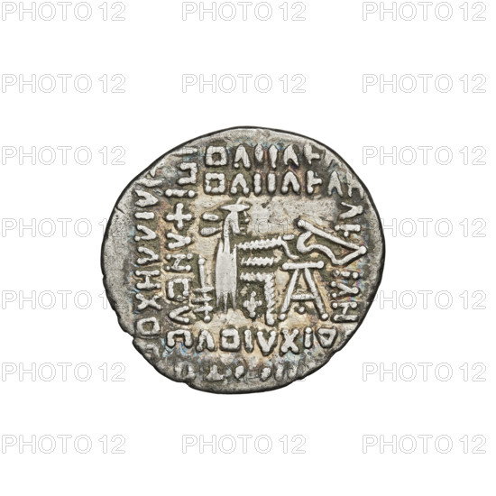 Drachma, Vologases II (77–80). Obverse: head of Vologases II turned left, wearing a tiara decorated with seven bosses. Reverse: Arsakes seated on a throne turned right, holding a bow; monogram below the bow. Parthian Kingdom (Parthia), Iran. Coin; diameter 19.0–20.0 mm, weight 3.50 g. Subjects: bows (armed), tiaras.