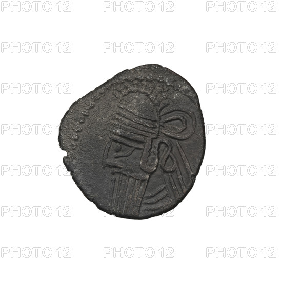Drachma of Vologases III (105–147). Obverse: head of Vologases III wearing a tiara, face turned left. Reverse: Arsakes seated on the throne, bow in hand, turned right; below the bow — monogram. Iconography includes bows (armed), Arsakes on the throne, heads, Arsakes I (King of Parthians; ca. 247–217 BC) — diadems; Parthian Kingdom, Ecbatana (Iran). Coin. Diameter 19.0–20.5 mm; weight 3.82 g.