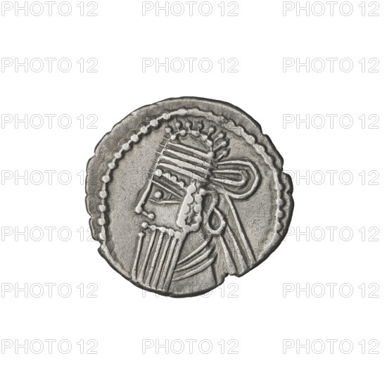 Drachma, Vologases III (105–147). Obverse: head of Vologases III in tiara, king facing left. Reverse: Arsakes seated on the throne, bow in hand, facing right; below the bow — monogram. Iconography includes bows (armed), Arsakes on the throne, heads, Arsakes I (King of Parthians; ca. 247–217 BCE) — diadems. Parthia, Ecbatana, Iran. Coin; weight 3.75 g.