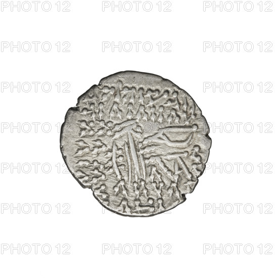 Drachma, Vologases III (105–147). Obverse: head of Vologases III in tiara, king facing left. Reverse: Arsakes seated on the throne, bow in hand, facing right; below the bow — monogram. Depicts bows (armed), Arsakes on the throne, heads, Arsakes I (King of Parthians; ca. 247–217 BCE) — iconography, diadems. Parthia, Ecbatana, Iran. Coin, weight 3.75 g.