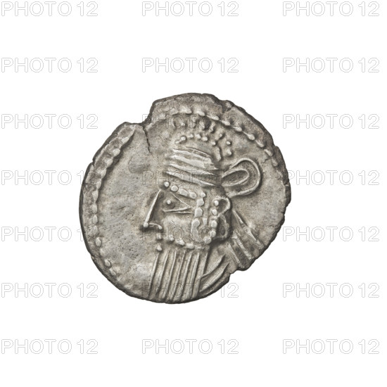 drachma, Vologases III (105–147); Arsakes I (King of Parthians; ca. 247–217 BC) — iconography: bows (armed), helmets, heads. Obverse: bust of Vologases III in tiara and diadem, facing left. Reverse: Arsakes seated on a throne, bow in hand, facing right, below the arch — monogram. 105–147, Ecbatana, Parthia, Iran. Coin; weight 3.50 g.