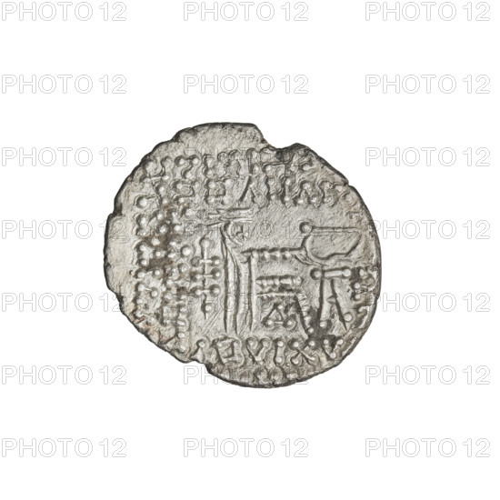 Drachma, Vologases III (105–147). Obverse: bust of Vologases III in tiara and diadem, facing left. Reverse: Arsakes I (Arsakes I, King of the Parthians; ca. 247–217 BC) seated on a throne, bow in hand, facing right, below an arch — monogram. Iconography: bows (armed), helmets, heads. Date: 105–147. Mint: Ecbatana, Parthia (Iran). Coin; weight 3.50 g.