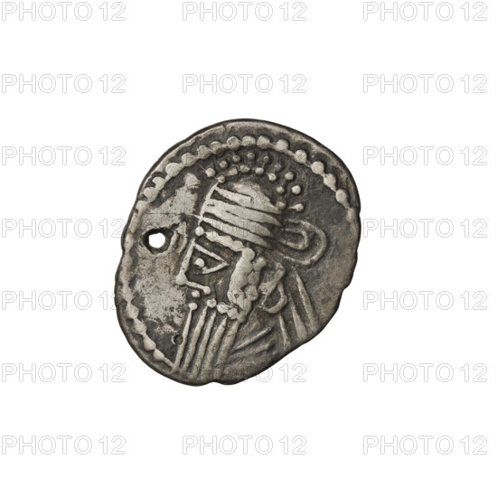 Drachma, Vologases III (105–147). Obverse: head of Vologases III in tiara, king facing left. Reverse: Arsakes I (Arsakes on the throne) seated on the throne, bow in hand, facing right; below the arch – monogram. Iconography: heads, bows (armed), diadems. Coin pierced through. Date: 105–147. Parthia, Ecbatana (Iran). Coin; weight 3.15 g.