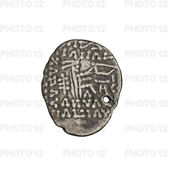 Drachma, Vologases III (105–147). Obverse: head of Vologases III in tiara, king facing left. Reverse: Arsakes I (Arsakes on the throne; King of Parthians, ca. 247–217 BC) seated on throne, bow in hand, facing right; below the arch – monogram. Coin pierced through. Parthia, Ecbatana (Iran). Coin; weight 3.15 g.