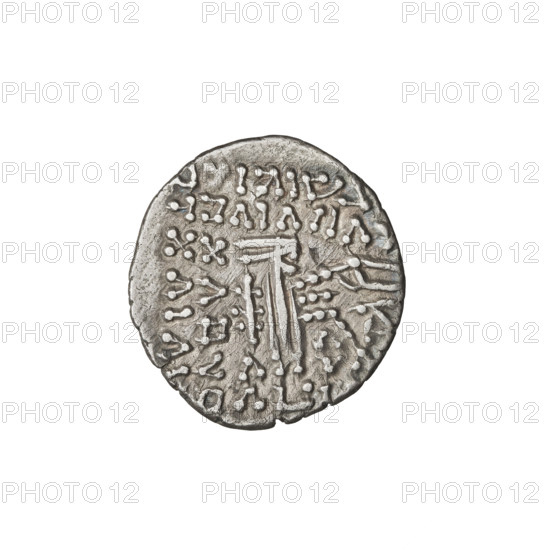 Drachma, Vologases III (105–147). Obverse: head of Vologases III wearing a tiara, facing left. Reverse: Arsakes seated on the throne, holding a bow, facing right; below the arch – monogram. Iconography: helmets, bows (armed), heads, diadems, Arsakes on the throne. Parthian Kingdom, Parthia (Ecbatana), Iran. Date: 105–147. Coin. Diameter 17.0 × 19.0 mm; weight 2.85 g.