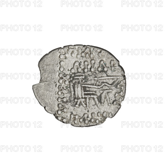 Drachma of Vologases V (191–208). Obverse: bust of Vologases V wearing a tiara, king facing left. Reverse: Arsakes seated on the throne, holding a bow, facing right; below the arch – monogram. Iconography: helmets, bows (armed), Arsakes I (King of Parthians; ca. 247–217 BC) — Arsakes on the throne, heads, Parthian Kingdom, tiaras. Mint/date: 191–208. Place: Parthia, Ecbatana, Iran. Coin: dia. 17.5 × 20.0 mm; weight 3.35 g.