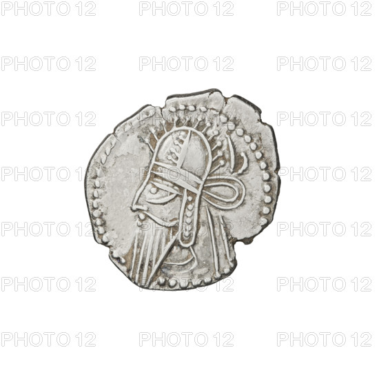 drachma, Artabanos IV (king of Parthia; 213–224 AD); Obv.: bust of Artabanos IV wearing a tiara, king facing left. Rev.: Arsakes seated on the throne, holding a bow, facing right; below the arch – monogram. Iconography: helmets, Arsakes I (king of Parthia; ca. 247–217 BC) — Arsakes on the throne, heads, bows (armed), tiaras. Parthian Kingdom, Iran. Date: 213–227. Coin: dia. 18.0–20.0 mm; weight 3.65 g.