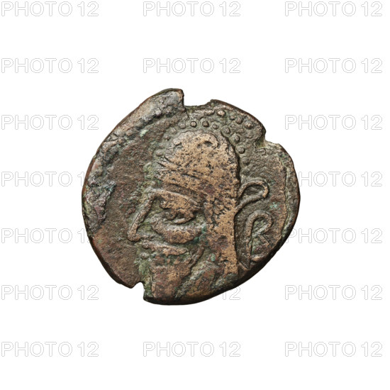 Bronze coin of Vologases V (191–208). Obverse: head of Vologases V left wearing a tiara and a diadem. Reverse: religious symbol. Parthian Kingdom, Iran. Coin diameter 18.5–19.5 mm; weight 7.05 g.