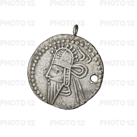 drachma, Artabanos IV (king of Parthia; 213–224 AD); iconography: helmets, Arsakes I (king of Parthia; ca. 247–217 BC) — heads, Arsakes on the throne, bows (armed), Parthian Kingdom, Iran, tiaras. Obv.: bust of Artabanos IV wearing a tiara, king facing left. Rev.: Arsakes seated on the throne, bow in hand, facing right, below the arch — monogram. Coin pierced through with a loop attached. Date: 213–227. Place: Parthia, Ecbatana, Iran. Coin: diameter 17.0 × 18.0 mm, weight 3.60 g.