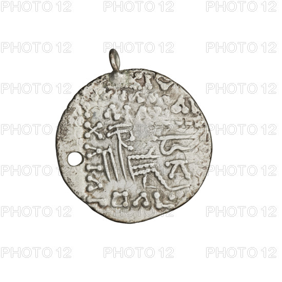 drachma, Artabanos IV (king of Parthia; 213–224 AD), iconography: helmets, Arsakes I (king of Parthia; ca. 247–217 BC) — heads, Arsakes on the throne, bows (armed), Parthian Kingdom, Iran, tiaras. Obv.: bust of Artabanos IV wearing a tiara, king facing left. Rev.: Arsakes seated on the throne, bow in hand, facing right, below the arch — monogram. Coin pierced through and a loop attached. Date: 213–227. Place: Parthia, Ecbatana, Iran. Coin: diameter 17.0 × 18.0 mm, weight 3.60 g.