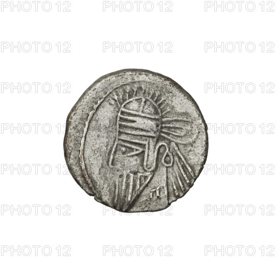 drachma, Artabanos IV (king of Parthia; 213–224 AD); iconography includes helmets, Arsakes I (king of Parthia; ca. 247–217 BC) — bows (armed), Arsakes on the throne, heads, Parthian Kingdom, Iran, tiaras. Obv.: bust of Artabanos IV wearing a tiara, king turned left. Rev.: Arsakes seated on the throne, holding a bow, turned right; below the arch – monogram. Date: 213–227. Ecbatana, Parthia, Iran. Coin: diameter 18.0 × 18.5 mm, weight 3.55 g.