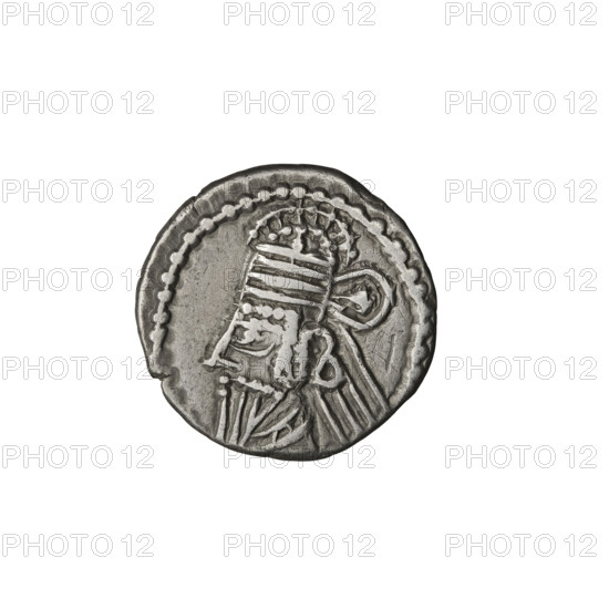 Drachma; Artabanos IV (king of Parthia; 213–224 AD) and Arsakes I (king of Parthia; ca. 247–217 BC) — iconography: bows (armed), heads; Parthian Kingdom, Iran. Obverse: bust of Artabanos IV wearing a tiara, profile facing left. Reverse: Arsakes seated on a throne, holding a bow in his hand, facing right; below the arch — monogram. Date: 213–227. Mint: Ecbatana, Parthia, Iran. Coin; diameter 17.0–17.5 mm; weight 3.40 g.