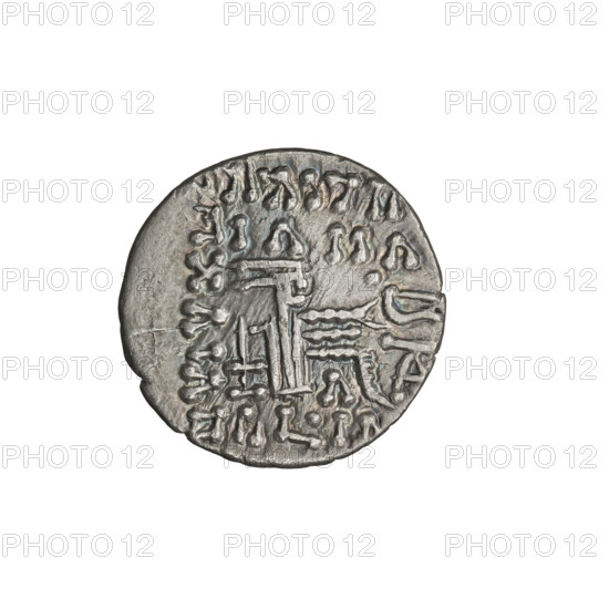 drachma, Artabanos IV (king of Parthia; 213–224 AD); obverse: bust of Artabanos IV wearing a tiara, king facing left; reverse: Arsakes seated on the throne, bow in hand, facing right, below the arch – monogram; iconography includes Arsakes on the throne, heads, bows (armed), tiaras; Parthian Kingdom, Ecbatana (Iran); dated 213–227; coin: dia. 18.5–19.0 mm, weight 3.20 g.