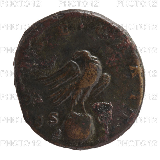 Sestertius; posthumous issue for Marcus Aurelius (121–180, Roman emperor 161–180); issuer Commodus (161–192, Roman emperor 177–192). Obverse: Head of Marcus Aurelius bare, facing right; inscription DIVVS M AN - ONINVS PIVS all around. Reverse: Eagle stands on a globe to right, head turned left, holds wreath in its beak; inscription CO, SECRATIO all around, in SC. fields. Iconography: Marcus Aurelius, wreaths, eagles, globes. Date: after 180. Culture/place: Roman Empire, Rome. Medium/format: coin (sestertius). Dimensions: diameter 28.5–30.5 mm, weight 24.75 g, axis 180°.