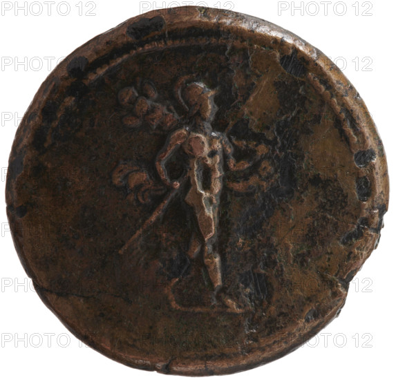 Bronze medallion, Marcus Aurelius (121–180; Roman emperor 161–180) and Commodus (161–192; Roman emperor 177–192) as issuers; depiction of Roman deities (Mars). Subject: two busts facing each other — left: Marcus Aurelius, right: young Commodus — both in laurel wreaths, armor and cloaks (paludamentum); inscription: 'M AVREL ANTONINVS AVG - L AVREL COMMO' (circumferential). Reverse: naked Mars striding right, holding a spear in his right hand and a trophy in his left, no legend. Date: 177–180. Culture: Roman Empire. Object type: coin/medallion. Diameter: 40.0–41.0 mm. Weight: 62.25 g. Axis: 0°.