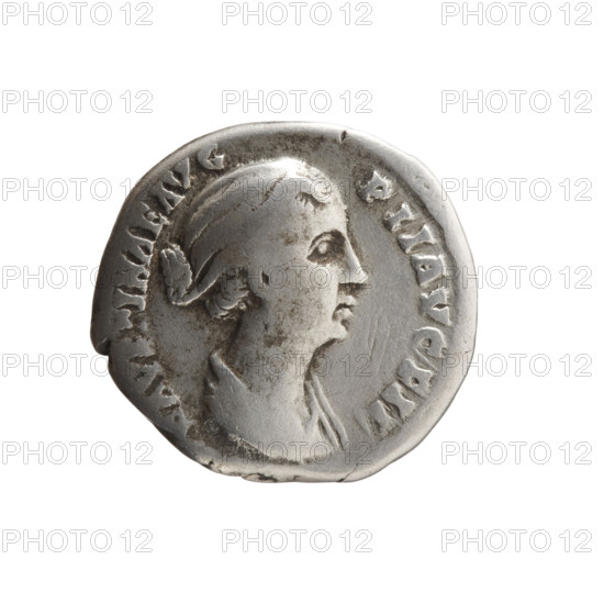 Denarius of Faustina the Younger (ca. 130–176; Roman empress 161–176). Obverse: draped bust of Faustina II facing right, inscription FAVSTINAE AVG - PII AVG FIL. Reverse: Laetitia standing left, holding a diadem in her right hand and a long scepter in her left, inscription LAETITIAE - PVBLICAE. Iconography: Faustina the Younger; personification Laetitia; wreaths; sceptres. Date: 147–161. Roman Empire (27 BC–476), Rome. Coin; diameter 16.0–17.0 mm; weight 2.92 g; axis 0°.