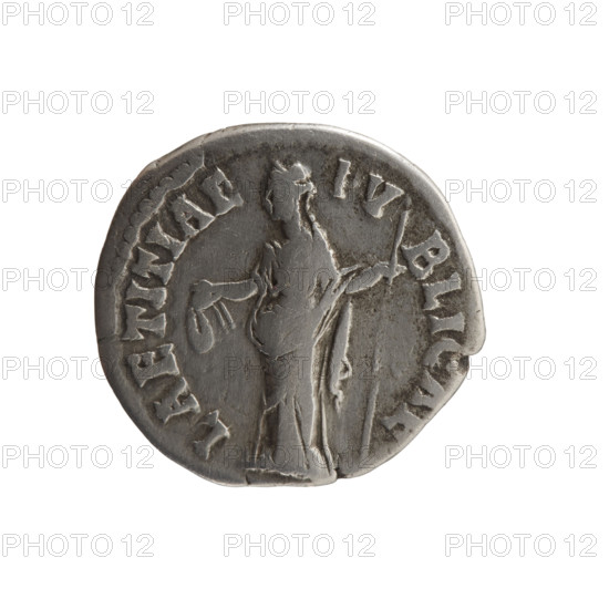 Denarius depicting Faustina the Younger (ca. 130–176; Roman empress 161–176; Augusta 147–161). Obverse: draped bust of Faustina II facing right, inscription FAVSTINAE AVG - PII AVG FIL. Reverse: Laetitia standing left, holding a diadem in her right hand and a long scepter in her left, inscription LAETITIAE - PVBLICAE. Iconography includes personifications and wreaths; attributes: sceptres. Date ca. 147–161, Roman Empire (27 BC–476), Rome. Coin: diameter 16.0–17.0 mm, weight 2.92 g, axis 0°.