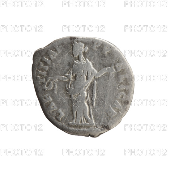 Denarius of Faustina the Younger (ca. 130–176; Roman empress 161–176; Augusta 147–161). Obverse: draped bust of Faustina II facing right, legend FAVSTINAE PII AVG FIL. Reverse: Laetitia standing left, holding a diadem in her right hand and a long scepter in her left, legend LAETITIAE PVBLICAE. Iconography includes personifications, scepters, wreaths. Date: 147–161. Roman Empire (27 BC–476), Rome. Coin; diameter 16.5–18.5 mm, weight 3.20 g, axis 180°.