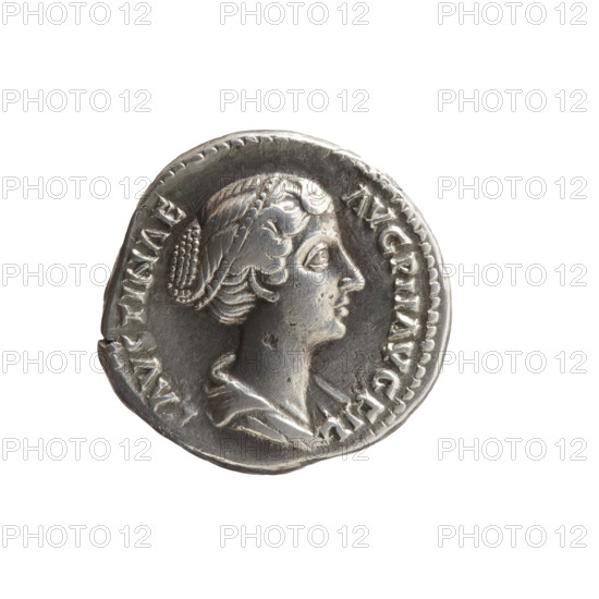 Denarius depicting Faustina the Younger (ca. 130–176; Roman empress 161–176; Augusta 147–161). Obverse: draped bust of Faustina II facing right with legend FAVSTINAE · AVG · PII · AVG · FIL. Reverse: Venus standing left, holding an apple in her outstretched right hand and a rudder in her left hand around which a dolphin is wrapped; legend V E NVS. Iconography: apples, dolphins, Venus, Roman deities, rudders. Date: 147–161. Roman Empire (27 BC–476). Rome. Coin. Diameter 16.5–17.5 mm; weight 3.50 g; axis 195°.