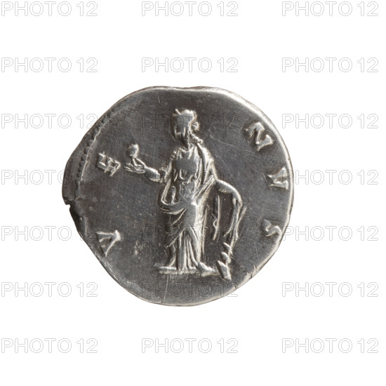 Denarius of Faustina the Younger (ca. 130–176; Roman empress 161–176; Augusta), ca. 147–161. Obverse: draped bust of Faustina II facing right, inscription FAVSTINAE - AVG PII AVG FIL. Reverse: Venus standing left, holding an apple in her outstretched right hand and a rudder in her left, a dolphin wrapped around the rudder, inscription V E - NVS. Roman Empire (27 BC–476). Coin; diameter 16.5–17.5 mm, weight 3.50 g, axis 195°.