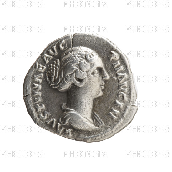 Denarius of Faustina the Younger (ca. 130–176; Roman empress 161–176; Augusta 147–161). Obverse: draped bust of Faustina II facing right, inscription FAVSTINAE AVG - PII AVG FIL. Reverse: Venus standing left, holding an apple in her outstretched right hand and a rudder in her left hand, a dolphin wrapped around the rudder, inscription V E - NVS. Iconography: Roman deities, dolphins, apples, rudders; Faustina the Younger — iconography. Date: 147–161. Culture: Roman Empire (27 BC–476). Coin; diameter 17.5–18.5 mm; weight 3.30 g.
