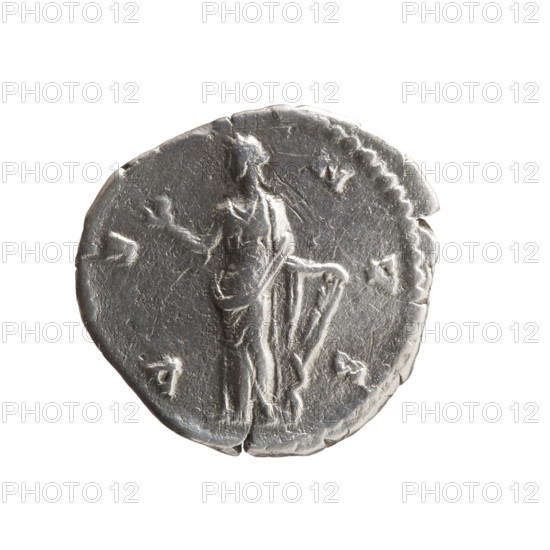 Denarius of Faustina the Younger (ca. 130–176; Roman empress 161–176; Augusta 147–161). Obverse: draped bust of Faustina II facing right, legend FAVSTINAE AVG - PII AVG FIL. Reverse: Venus standing left, holding an apple in her outstretched right hand and a rudder in her left hand, a dolphin wrapped around the rudder, legend V E - NVS. Iconography includes Roman deities, dolphins, apples, rudders. Date: 147–161. Roman Empire (27 BC–476). Coin. Diameter: 17.5–18.5 mm. Weight: 3.30 g.