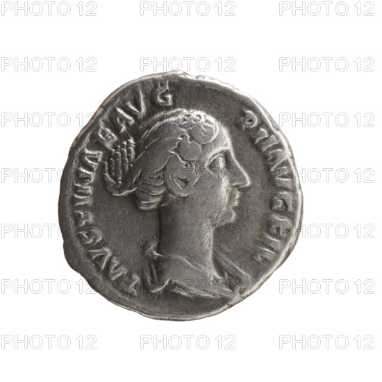 Denarius of Faustina the Younger (ca. 130–176; Roman empress 161–176), draped bust of Faustina II facing right, inscription FAVSTINAE AVG - PII AVG FIL around; reverse: Venus standing left, holding an apple in her outstretched right hand and a rudder in her left hand, a dolphin wrapped around the rudder, inscription V E - NVS around; date circa 147–161, Roman Empire (27 BC–476), Rome; coin; diameter 17.0–18.0 mm, weight 2.85 g, axis 120°.