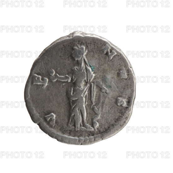 Denarius of Faustina the Younger (ca. 130–176; Roman empress 161–176), draped bust of Faustina II facing right with inscription 'FAVSTINAE AVG - PII AVG FIL', reverse: Venus standing left holding an apple in her outstretched right hand and a rudder in her left hand, a dolphin wrapped around the rudder, inscription 'VENVS'. Date: 147–161 CE, Roman Empire (27 BC–476), Rome. Coin: diameter 17.0–18.0 mm, weight 2.85 g, axis 120°.