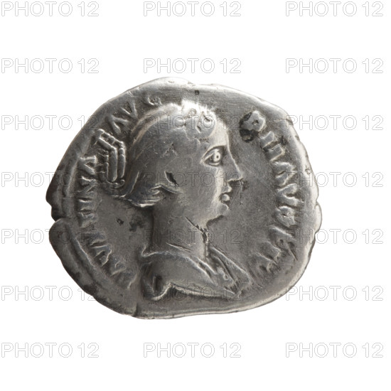 Denarius of Faustina the Younger (ca. 130–176; Roman empress 161–176; Augusta 147–161). Obverse: draped bust of Faustina II facing right, inscribed FAVSTINAE AVG - PII AVG FIL. Reverse: Venus standing left, holding an apple in her outstretched right hand and a rudder in her left, a dolphin wrapped around the rudder, inscribed V E - NVS. Roman Empire, Rome, coin. Dimensions: diameters 16.5 mm and 19.0 mm, weight 2.95 g, axis 180°.