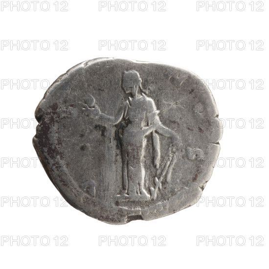 Denarius of Faustina the Younger (ca. 130–176; Roman empress 161–176; Augusta), draped bust of Faustina II facing right, inscription FAVSTINAE AVG - PII AVG FIL; reverse: Venus standing left, holding an apple in her outstretched right hand and a rudder in her left, a dolphin wrapped around the rudder, inscription V E - NVS; date ca. 147–161, Roman Empire (27 BC–476), Rome; coin: diameter 16.5–19.0 mm, weight 2.95 g, axis 180°.