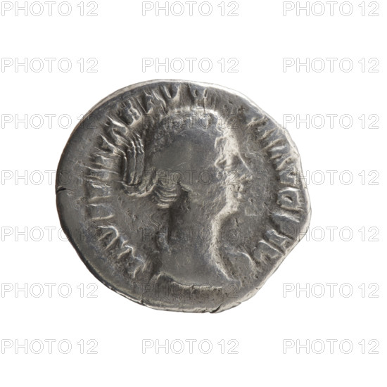 Denarius depicting Faustina the Younger (ca. 130–176; Roman empress 161–176; Augusta 147–161). Obverse: draped bust of Faustina II facing right, legend 'FAVSTINAE AVG - PII AVG FIL'. Reverse: Venus standing left, holding an apple in her outstretched right hand and a rudder in her left hand, with a dolphin wrapped around the rudder, legend 'V E - NVS'. Iconography includes Roman deities, dolphins, apples, rudders. Date: 147–161. Culture: Roman Empire (27 BC–476). Place: Rome. Object type: coin (denarius). Dimensions: diameters 16.0 mm and 18.0 mm; weight 3.30 g; axis 180 degrees.