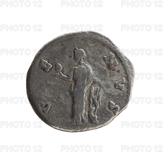 Denarius of Faustina the Younger (ca. 130–176; Roman empress 161–176), Augusta. Obverse: draped bust of Faustina II facing right, inscribed 'FAVSTINAE AVG - PII AVG FIL.' Reverse: Venus standing left, holding an apple in her outstretched right hand and a rudder in her left, a dolphin wrapped around the rudder, inscribed 'V E - NVS.' Date: 147–161. Roman Empire (27 BC–476). Rome. Coin; diameters 16.0 mm and 18.0 mm, weight 3.30 g, axis 180 degrees.