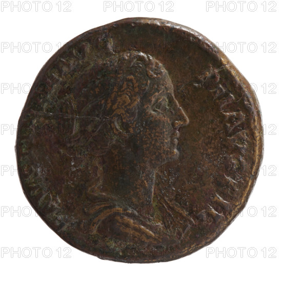 Sestertius of Faustina the Younger (ca. 130–176; Roman empress 161–176; Augusta 147–161). Obverse: draped bust of Faustina II facing right, legend FAVSTIN, AVG – PII AVG FIL. Reverse: Venus stands frontally, turns her head left, holds an apple in her outstretched right hand; in her left hand a rudder around which a dolphin is wrapped; legend E–NV–S in fields, in SC. Roman Empire (27 BC–476), Rome. Coin; diameter 30.5 mm; weight 23.25 g; axis 300°.