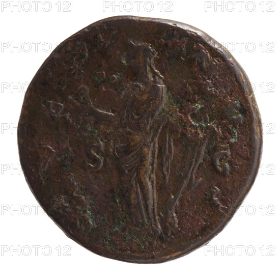 Sestertius of Faustina the Younger (ca. 130–176; Roman empress 161–176; Augusta 147–161). Obverse: draped bust of Faustina II facing right, legend FAVSTIN, AVG - PII AVG FIL. Reverse: Venus stands frontally, turns her head to the left, holds an apple in her outstretched right hand, in her left hand a rudder around which a dolphin is wrapped; legend E - NV - S in fields. Roman Empire (27 BC–476), Rome. Coin; diameter 30.5 mm, weight 23.25 g, axis 300°.