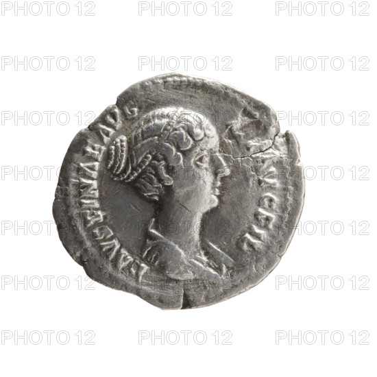 Denarius of Faustina the Younger (ca. 130–176; Roman empress 161–176; Augusta), ca. 147–161, Rome, Roman Empire. Obverse: draped bust of Faustina II facing right, inscription FAVSTINAE AVG - VG FIL. Reverse: Venus standing left, holding an apple in her outstretched right hand and a rudder in her left hand, a dolphin wrapped around the rudder, inscription V E - NVS. Coin; diameter 18.0–19.0 mm, weight 2.52 g, axis 195°.