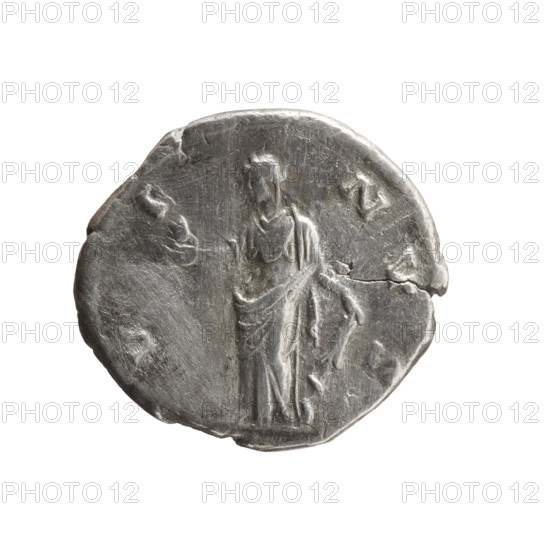 Denarius of Faustina the Younger (ca. 130–176; Roman empress 161–176; Augusta), 147–161 CE, Roman Empire. Obverse: draped bust of Faustina II facing right, inscription 'FAVSTINAE AVG - VG FIL'. Reverse: Venus standing left, holding an apple in her outstretched right hand and a rudder in her left, a dolphin wrapped around the rudder, inscription 'V E - NVS'. Coin; diameter 18.0–19.0 mm, weight 2.52 g, axis 195°.