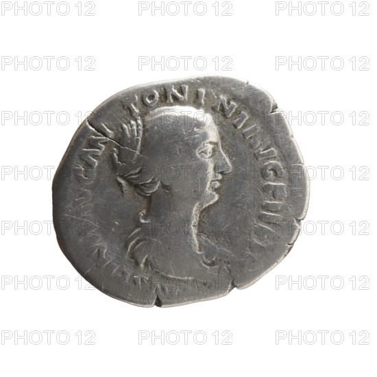 Denarius of Faustina the Younger (ca. 130–176; Roman empress 161–176; Augusta 147–161). Obverse: bust of Faustina II in drapery facing right, legend STINA AVG AN - TONINI AVG PI. Reverse: Concordia stands frontally, head turned left, lifts the folds of her robe with her right hand and holds a cornucopia in her left, legend CONCOR - DIA. Iconography: Faustina the Younger, personifications, Concordia, cornucopias. Date: 147–161, Roman Empire (27 BC–476). Coin; diameters 16.0 mm and 19.0 mm, weight 2.70 g, axis 180°.