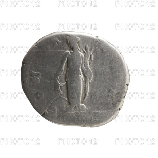 Denarius depicting Faustina the Younger (ca. 130–176; Roman empress 161–176; Augusta), obverse: bust of Faustina II in drapery facing right, inscription STINA AVG AN - TONINI AVG PI; reverse: Concordia standing frontally with head turned left, lifting the folds of her robe with her right hand and holding a cornucopia in her left, inscription CONCOR - DIA. Iconography: Faustina the Younger; personifications: Concordia; cornucopia. Date: 147–161. Culture: Roman Empire. Place: Rome. Object: coin (denarius). Dimensions: diameter 16.0–19.0 mm; weight 2.70 g; axis 180 degrees.