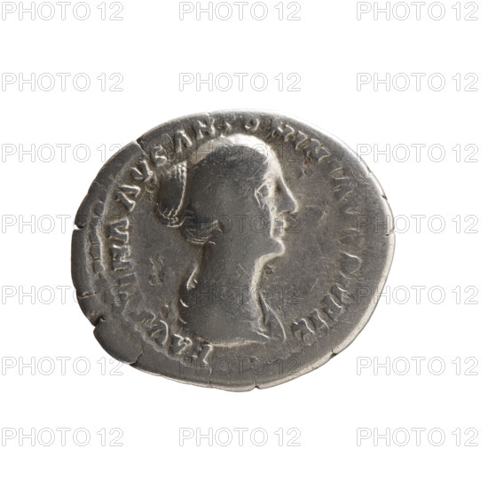 Denarius of Faustina the Younger (ca. 130–176; Roman empress 161–176; Augusta 147–161). Obverse: draped bust of Faustina II facing right, inscription FAVSTINA AVG ANTONINI AVG PII FIL. Reverse: Concordia stands frontally, head turned right, lifts the folds of her robe with her right hand and holds a cornucopia in her left, inscription CONCORD. Date: 147–161. Roman Empire (27 BC–476). Mint: Rome. Coin; diameter 16.5–19.5 mm; weight 2.77 g; axis 180°.