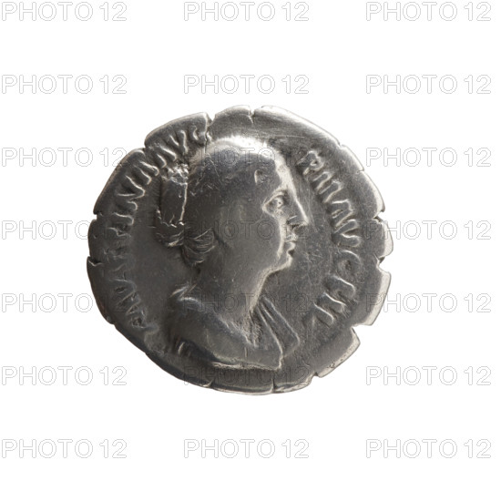 Denarius of Faustina the Younger (ca. 130–176; Roman empress 161–176; Augusta 147–161). Obverse: bust of Faustina II in drapery facing right, inscription 'FAVSTINA AVG - ANTONINI AVG PII FIL'. Reverse: Concordia stands frontally, head turned right, lifting the folds of her robe with her right hand and holding a cornucopia in her left, inscription 'CONCOR - DIA'. Roman Empire, ca. 147–161. Silver coin; diameter 17.0–18.0 mm, weight 2.85 g, axis 180°.