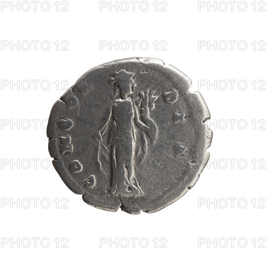 Denarius, Faustina the Younger (ca. 130–176; Roman empress 161–176; Augusta), bust of Faustina II in drapery facing right, legend FAVSTINA AVG - ANTONINI AVG PII FIL; reverse: Concordia stands frontally, head turned right, lifting the folds of her robe with her right hand and holding a cornucopia in her left, legend CONCOR-DIA. Date ca. 147–161. Rome, Roman Empire (27 BC–476). Coin; diameter 17.0–18.0 mm, weight 2.85 g, axis 180°.