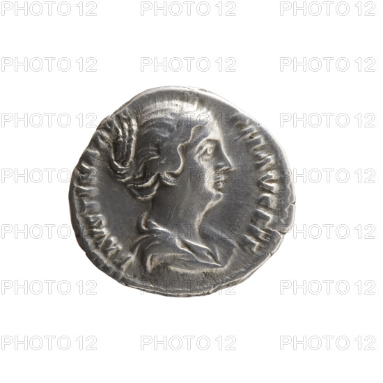 Denarius depicting Faustina the Younger (ca. 130–176; Roman empress 161–176), obverse: draped bust of Faustina II facing right, legend FAVSTINA AV - PII AVG FIL; reverse: Concordia seated left holding a flower in her right hand, resting her left on a cornucopia with a globe under the seat, legend CONCOR - DIA. Iconography: personifications, flowers, cornucopias, globes. Date: 147–161. Roman Empire (27 BC–476), Rome. Coin: diameter 16.0–17.5 mm, weight 3.30 g, axis 0°.