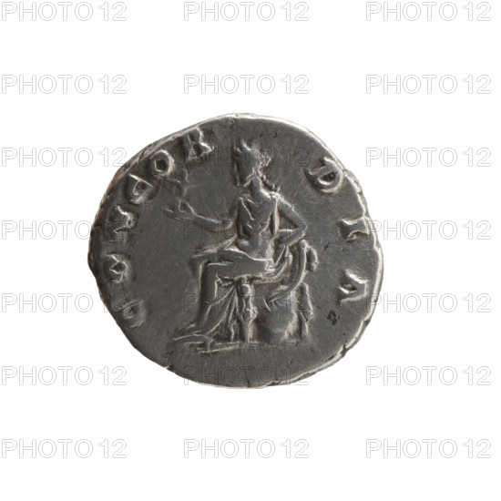 Denarius depicting Faustina the Younger (ca. 130–176; Roman empress 161–176), obverse: draped bust of Faustina II facing right, inscription FAVSTINA AV — PII AVG FIL; reverse: Concordia seated left, holding a flower in her right hand, resting her left on a cornucopia with a globe under the seat, inscription CONCOR — DIA; iconography includes personifications, flowers, cornucopias, globes. Date: 147–161. Roman Empire (27 BC–476), Rome. Coin; diameter 16.0–17.5 mm, weight 3.30 g, axis 0°.