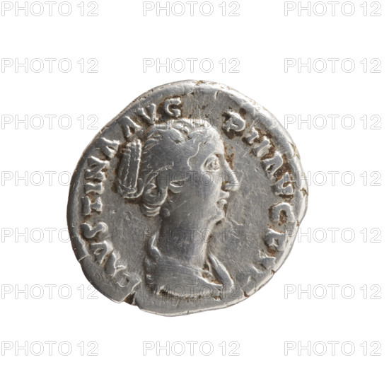 Denarius of Faustina the Younger (ca. 130–176; Roman empress 161–176; Augusta), 147–161. Obverse: draped bust of Faustina II facing right, inscribed FAVSTINA AVG - PII AVG FIL. Reverse: Concordia seated left, holding a flower in her right hand, resting her left on a cornucopia, globe under the seat, inscribed CONC - O - RDIA. Iconography: flowers, personification Concordia, globes, cornucopias. Roman Empire (27 BC–476), Rome. Coin; diameter 17.0 mm, weight 3.30 g, axis 180°.