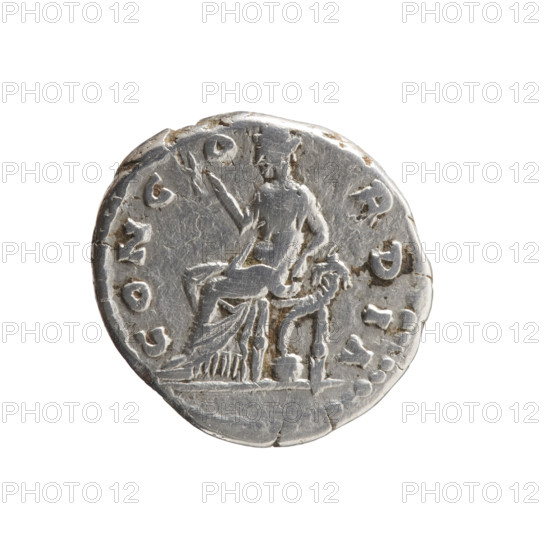 Denarius, Faustina the Younger (ca. 130–176; Roman empress 161–176), Augusta, ca. 147–161. Obverse: draped bust of Faustina II facing right, inscription FAVSTINA AVG - PII AVG FIL. Reverse: Concordia seated left holding a flower in her right hand, resting her left on a cornucopia, globe under the seat, inscription CONCORDIA. Iconography: flowers, personification (Concordia), globes, cornucopias. Roman Empire (27 BC–476), Rome. Coin; diameter 17.0 mm; weight 3.30 g; axis 180°.